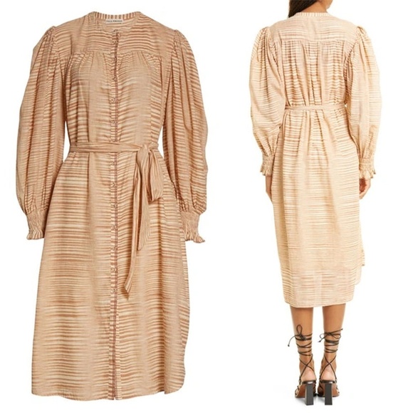 ULLA JOHNSON | Fiora Striped Cotton-Voile Midi Waist Tie Dress in Fawn | Size 2 - Picture 2 of 15